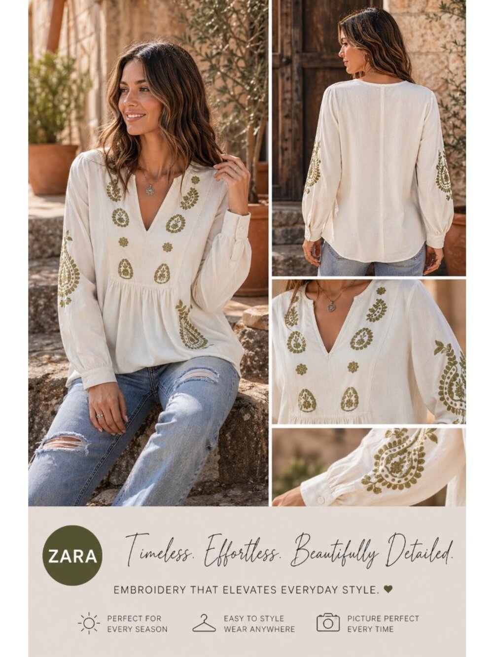 Zara Ivory Embroidered Boho Blouse Olive Green Peasant Top Flowy Sleeve Medium - Picture 12 of 12